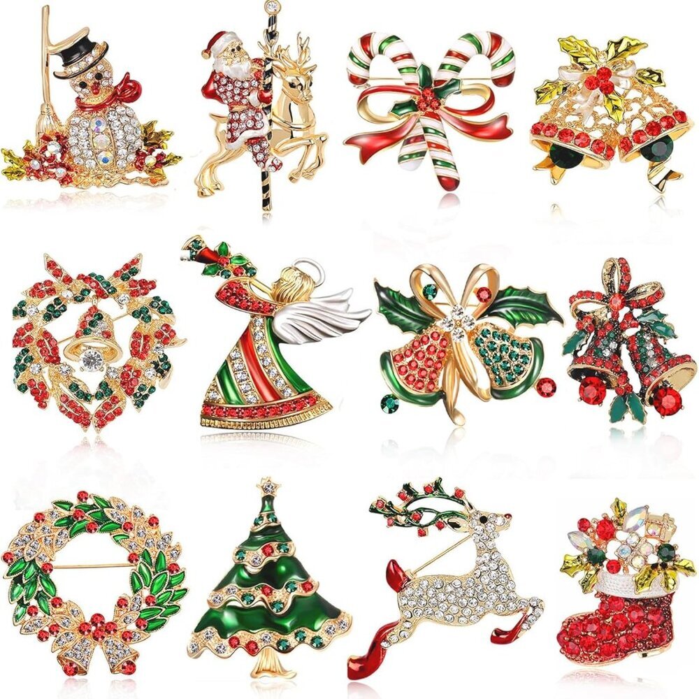 12 Pcs Christmas Brooch Pins Set for Women - Rhinestone Crystal Christmas Tree W